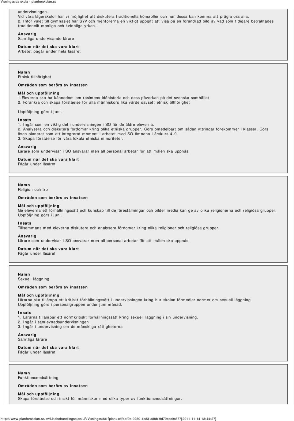 Samtliga undervisande lärare Arbetet pågår under hela läsåret Etnisk tillhörighet 1.Eleverna ska ha kännedom om rasimens idéhistoria och dess påverkan på det svenska samhället 2.