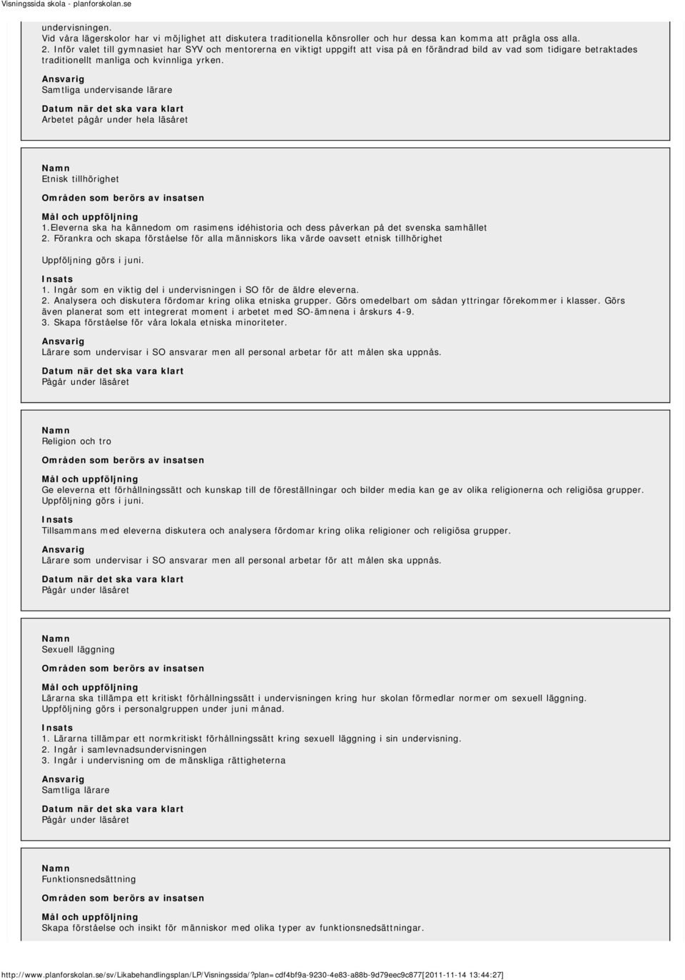 Samtliga undervisande lärare Arbetet pågår under hela läsåret Etnisk tillhörighet 1.Eleverna ska ha kännedom om rasimens idéhistoria och dess påverkan på det svenska samhället 2.