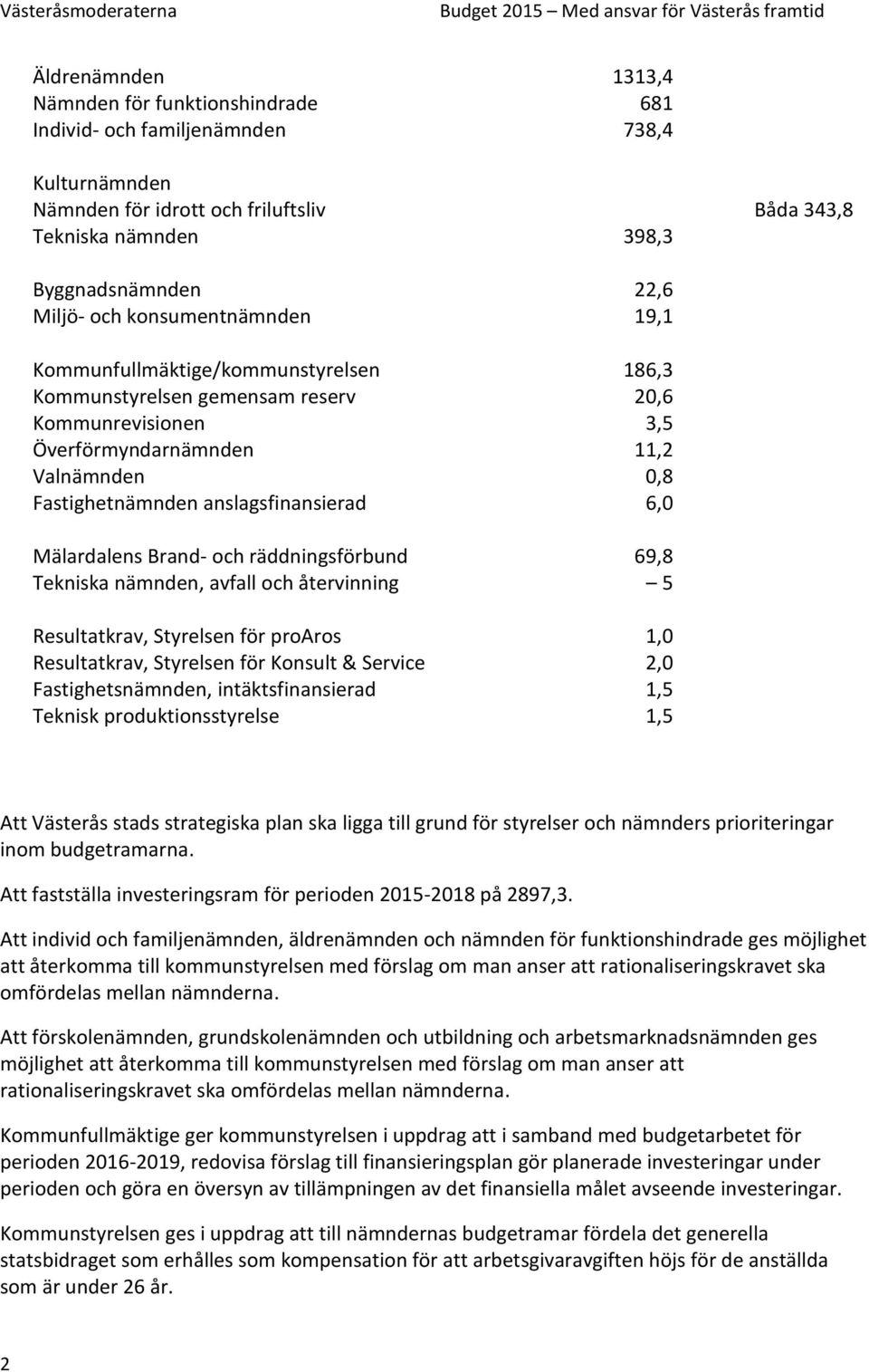 anslagsfinansierad 6,0 Mälardalens Brand- och räddningsförbund 69,8 Tekniska nämnden, avfall och återvinning 5 Resultatkrav, Styrelsen för proaros 1,0 Resultatkrav, Styrelsen för Konsult & Service