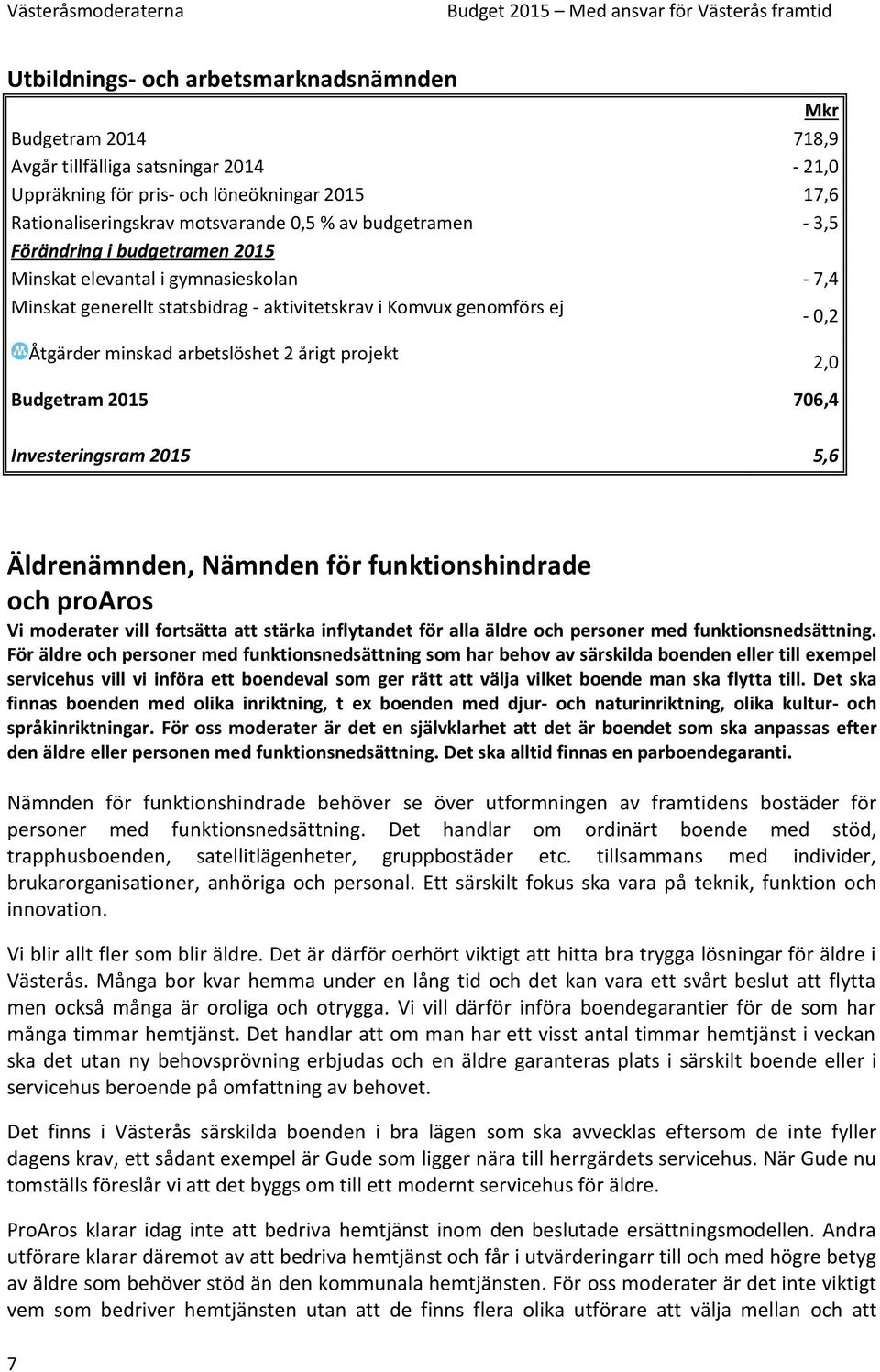 årigt projekt 2,0 Budgetram 2015 706,4 Investeringsram 2015 5,6 Äldrenämnden, Nämnden för funktionshindrade och proaros Vi moderater vill fortsätta att stärka inflytandet för alla äldre och personer