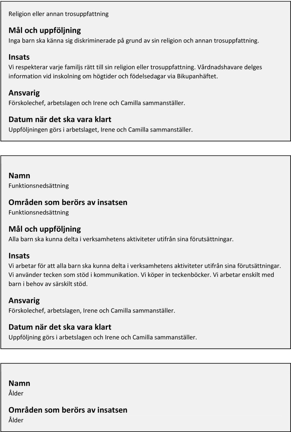 Förskolechef, arbetslagen och Irene och Camilla sammanställer. Uppföljningen görs i arbetslaget, Irene och Camilla sammanställer.