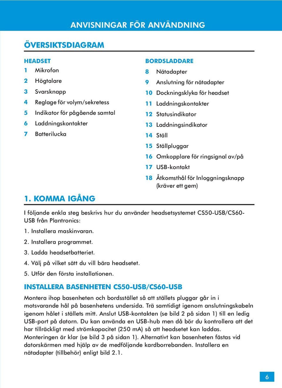 för ringsignal av/på 17 USB-kontakt 18 Åtkomsthål för Inloggningsknapp (kräver ett gem) I följande enkla steg beskrivs hur du använder headsetsystemet CS50-USB/CS60- USB från Plantronics: 1.