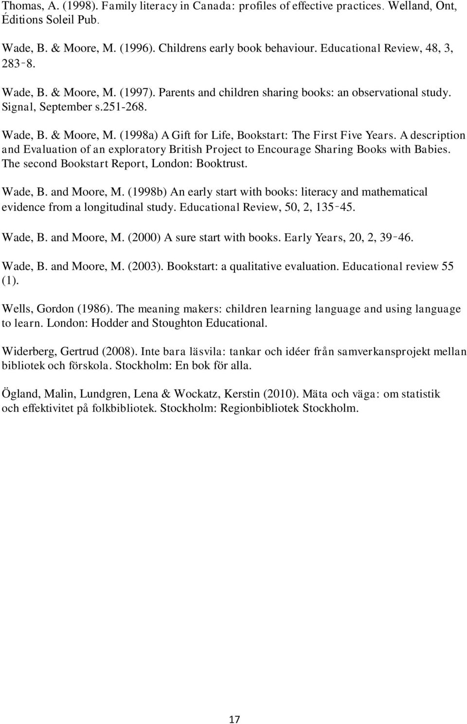 A description and Evaluation of an exploratory British Project to Encourage Sharing Books with Babies. The second Bookstart Report, London: Booktrust. Wade, B. and Moore, M.