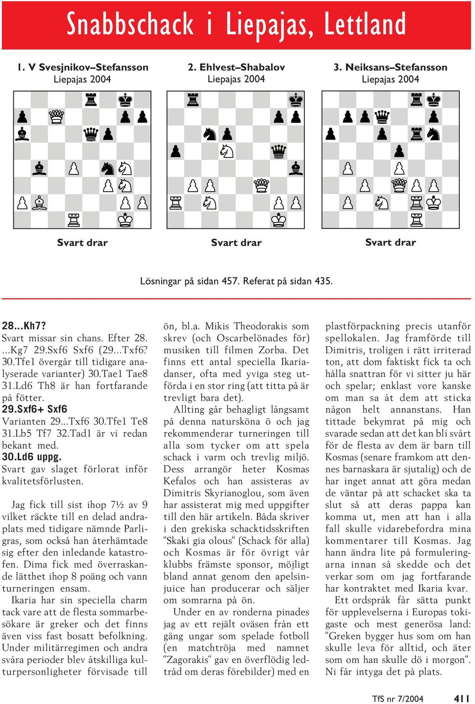 Tfe1 övergår till tidigare analyserade varianter) 30.Tae1 Tae8 31.Ld6 Th8 är han fortfarande på fötter. 29.Sxf6+ Sxf6 Varianten 29...Txf6 30.Tfe1 Te8 31.Lb5 Tf7 32.Tad1 är vi redan bekant med. 30.Ld6 uppg.