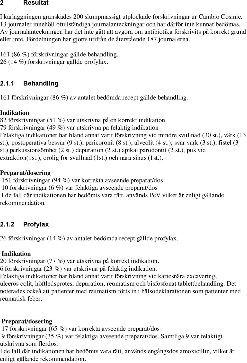 161 (86 %) förskrivningar gällde behandling. 26 (14 %) förskrivningar gällde profylax. 2.1.1 Behandling 161 förskrivningar (86 %) av antalet bedömda recept gällde behandling.