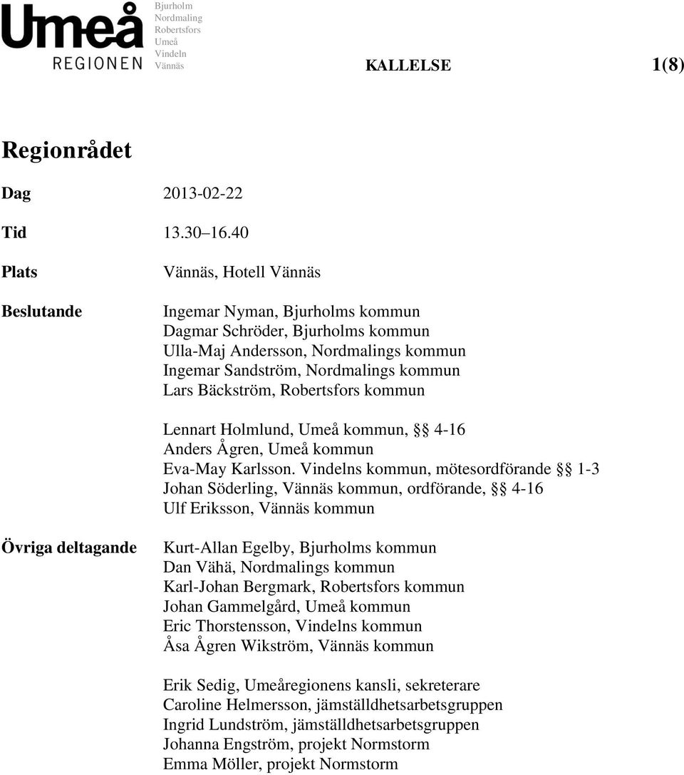 Robertsfors kommun Lennart Holmlund, Umeå kommun, 4-16 Anders Ågren, Umeå kommun Eva-May Karlsson.