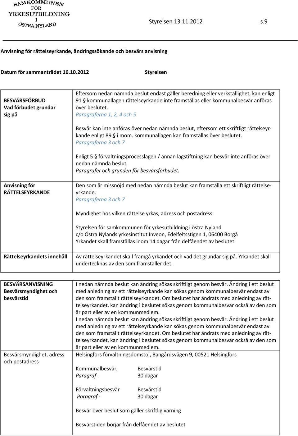 kommunalbesvär anföras över beslutet. Paragraferna 1, 2, 4 och 5 Besvär kan inte anföras över nedan nämnda beslut, eftersom ett skriftligt rättelseyrkande enligt 89 i mom.