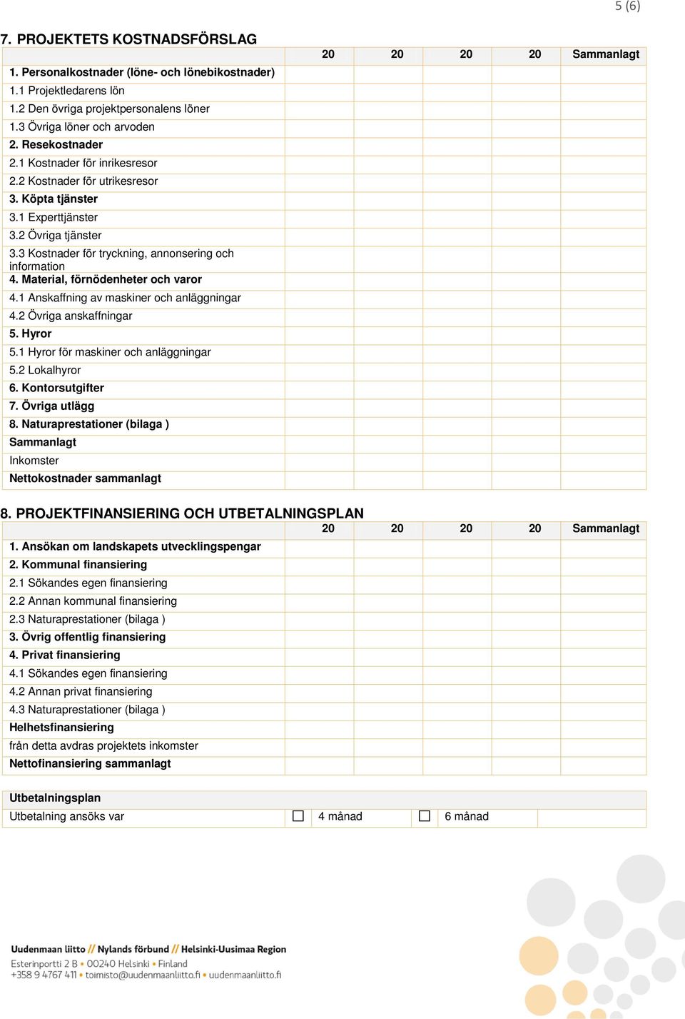 Material, förnödenheter och varor 4.1 Anskaffning av maskiner och anläggningar 4.2 Övriga anskaffningar 5. Hyror 5.1 Hyror för maskiner och anläggningar 5.2 Lokalhyror 6. Kontorsutgifter 7.