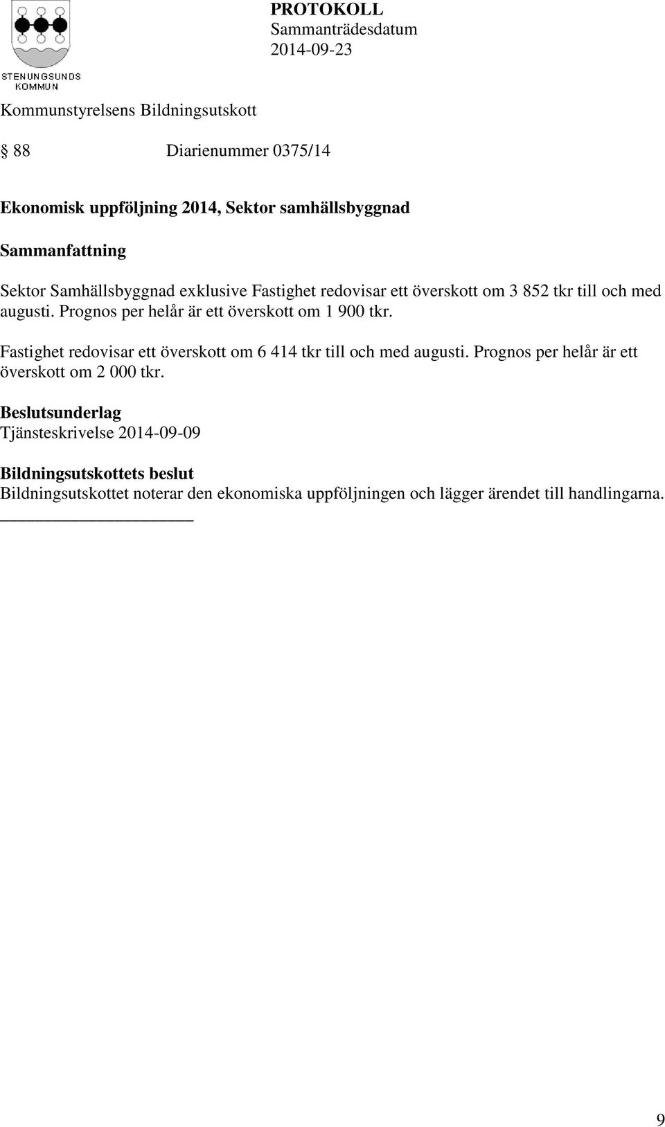 Prognos per helår är ett överskott om 1 900 tkr. Fastighet redovisar ett överskott om 6 414 tkr till och med augusti.