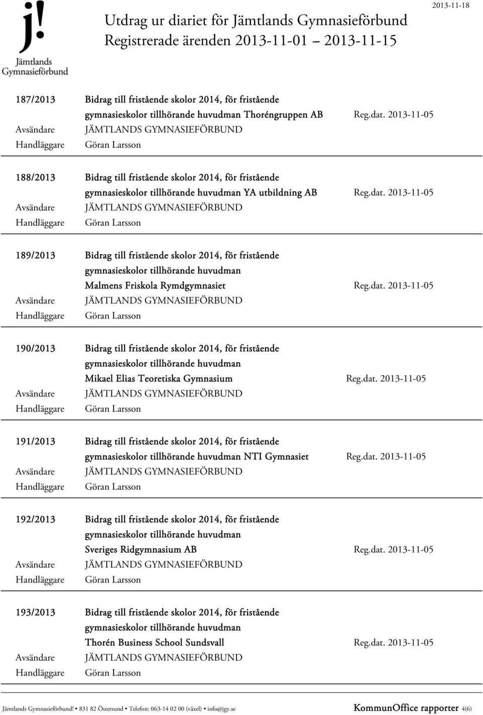 dat. 2013-11-05 192/2013 Bidrag till fristående skolor 2014, för fristående Sveriges Ridgymnasium AB Reg.dat. 2013-11-05 193/2013 Bidrag till fristående skolor 2014, för fristående Thorén Business School Sundsvall Reg.