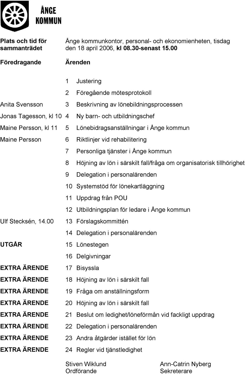 Lönebidragsanställningar i Ånge kommun Maine Persson 6 Riktlinjer vid rehabilitering 7 Personliga tjänster i Ånge kommun 8 Höjning av lön i särskilt fall/fråga om organisatorisk tillhörighet 9