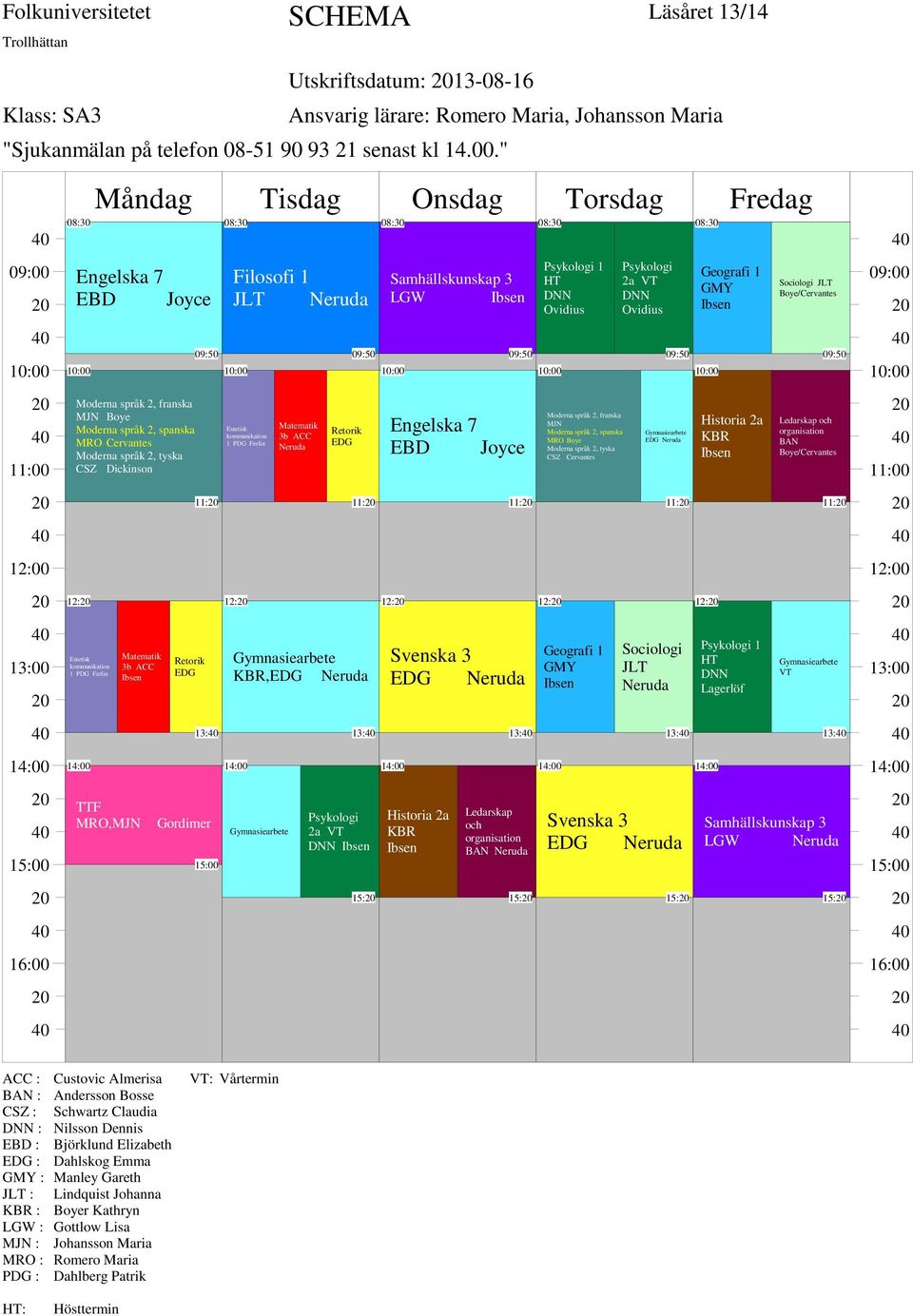 Samhällskunskap 3 LGW EBD 12: EDG Neruda Historia 2a KBR 11: 13: Ledarskap och organisation BAN Neruda 15: HT Ovidius Moderna språk 2, franska MJN Moderna språk 2, spanska MRO Boye Moderna språk 2,