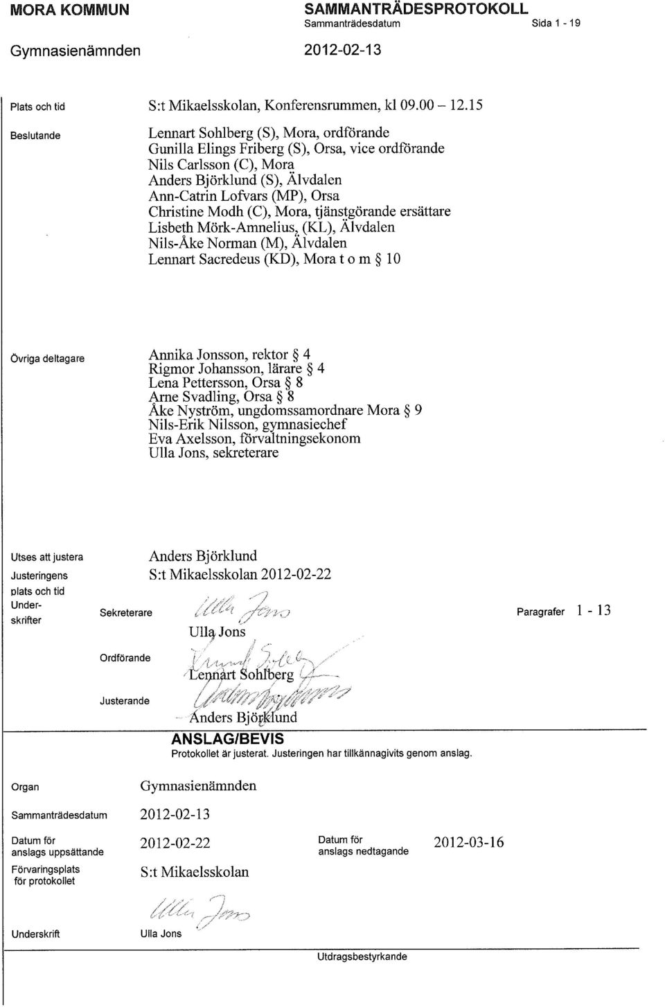 Modh (C), Mora, tjänstgörande ersättare Lisbeth Mörk-Amnelius, (KL), Älvdalen Nils-Åke Norman (M), Älvdalen Lennart Sacredeus (KD), Mora t o m 10 Övriga deltagare Annika Jonsson, rektor 4 Rigmor