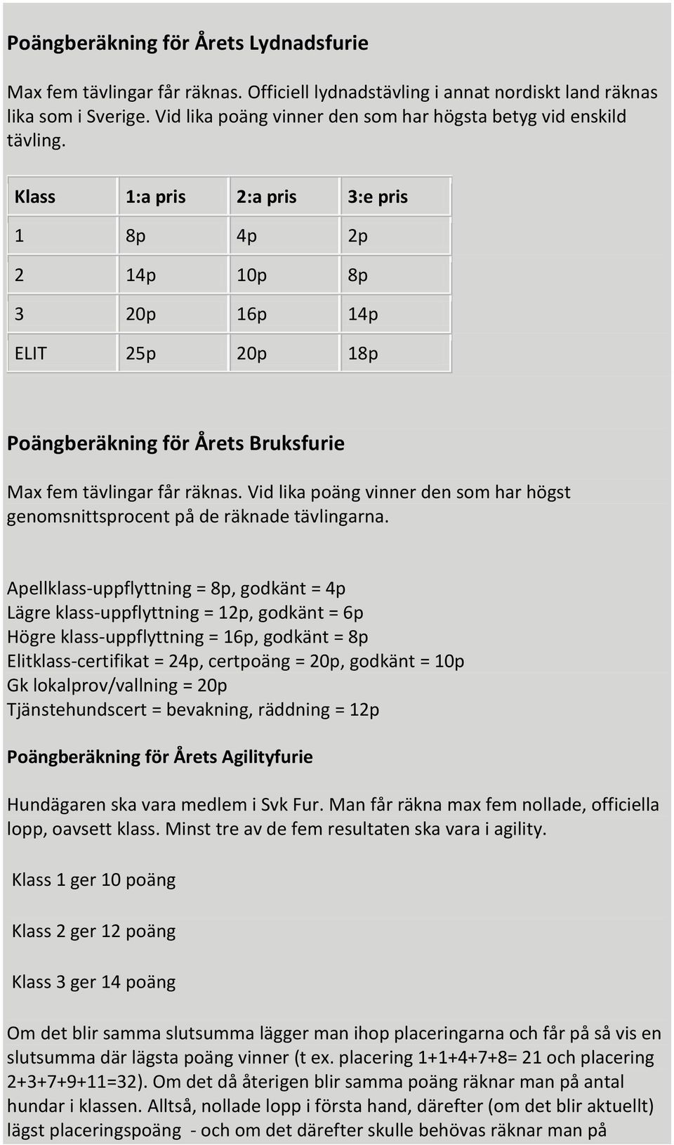 Klass 1:a pris 2:a pris 3:e pris 1 8p 4p 2p 2 14p 10p 8p 3 20p 16p 14p ELIT 25p 20p 18p Poängberäkning för Årets Bruksfurie Max fem tävlingar får räknas.