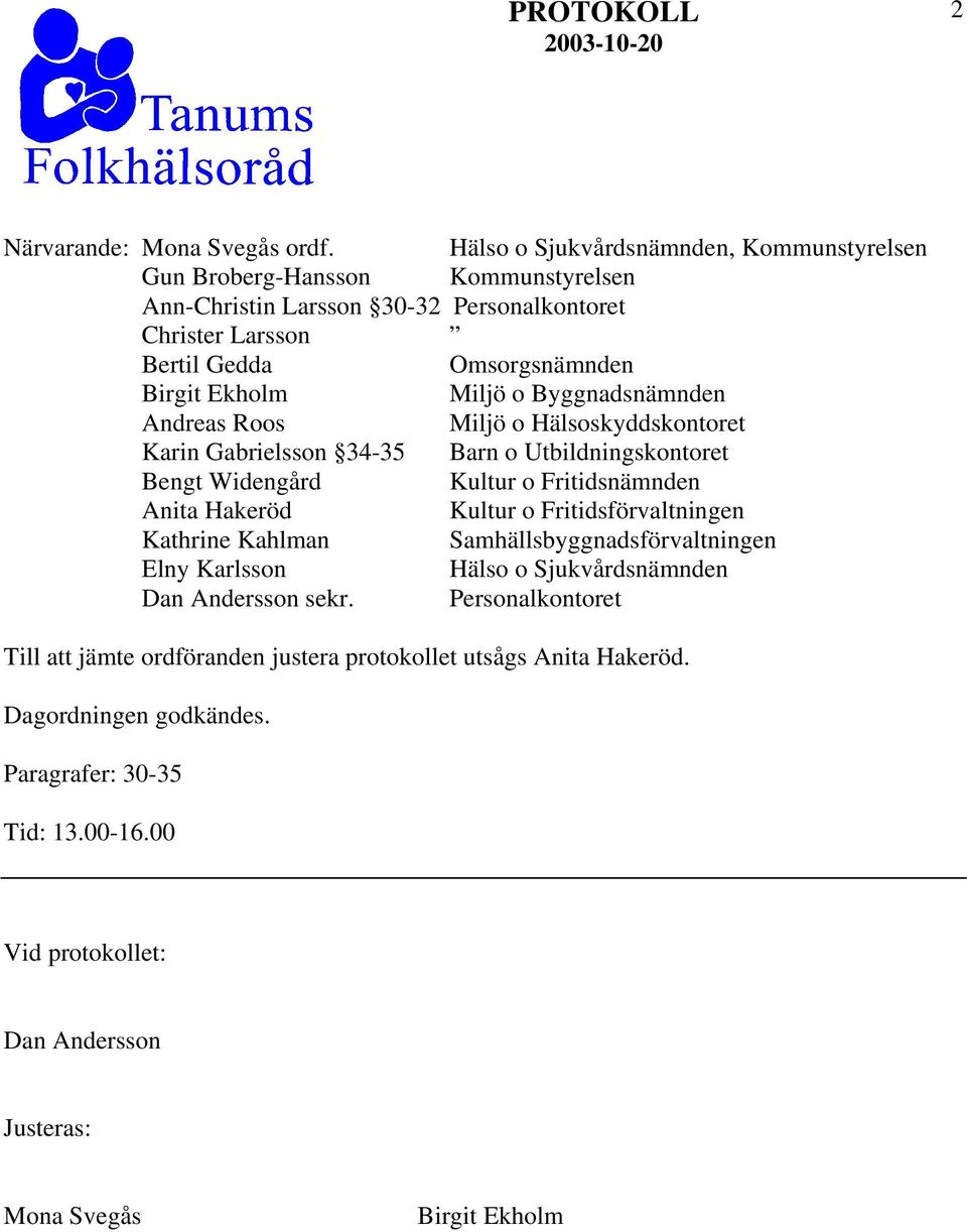 Miljö o Byggnadsnämnden Andreas Roos Miljö o Hälsoskyddskontoret Karin Gabrielsson 34-35 Barn o Utbildningskontoret Bengt Widengård Kultur o Fritidsnämnden Anita Hakeröd Kultur o