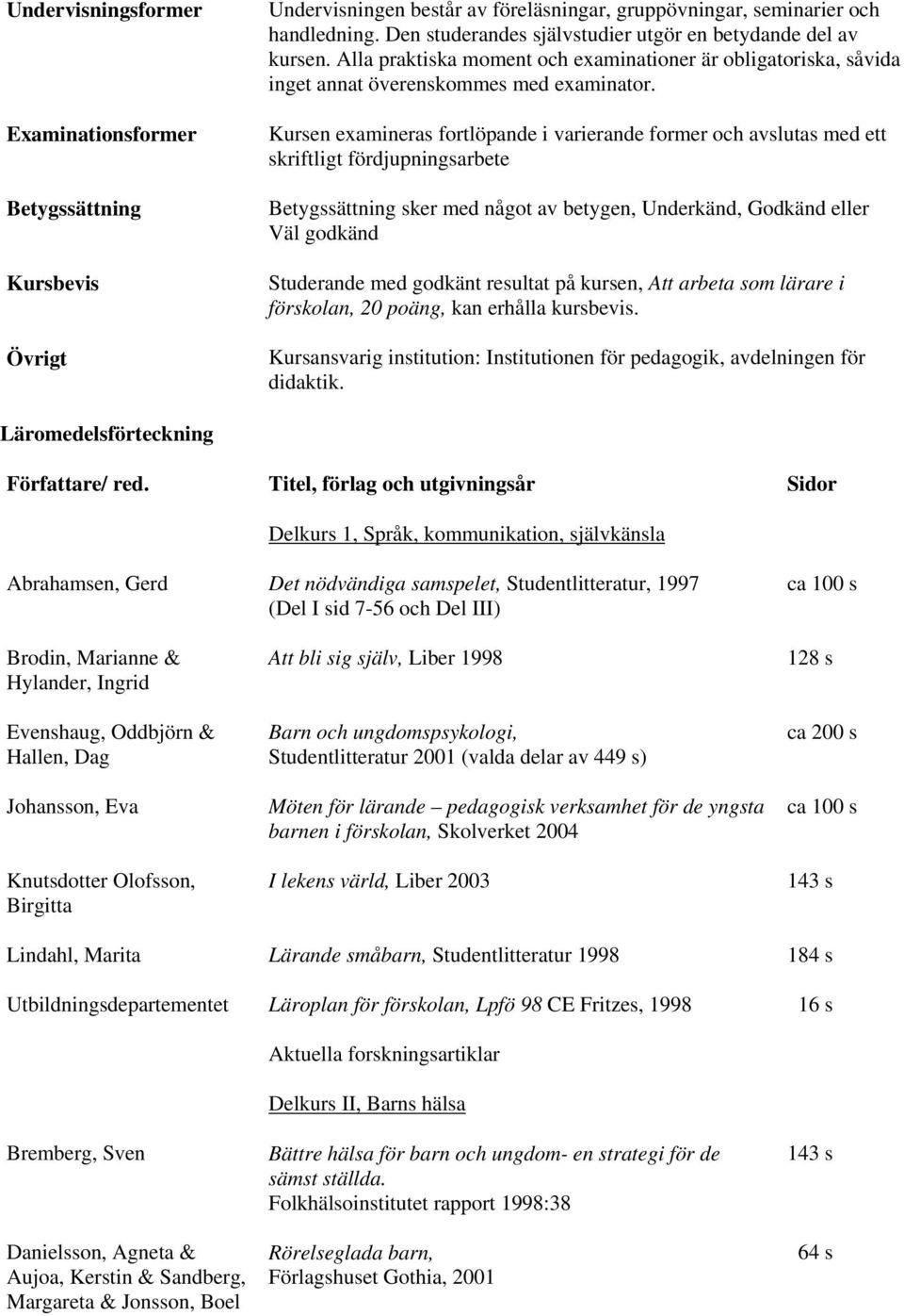 Kursen examineras fortlöpande i varierande former och avslutas med ett skriftligt fördjupningsarbete Betygssättning sker med något av betygen, Underkänd, Godkänd eller Väl godkänd Studerande med