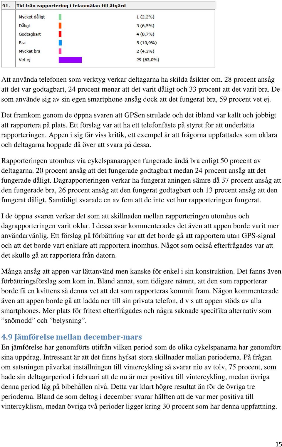 Det framkom genom de öppna svaren att GPSen strulade och det ibland var kallt och jobbigt att rapportera på plats. Ett förslag var att ha ett telefonfäste på styret för att underlätta rapporteringen.
