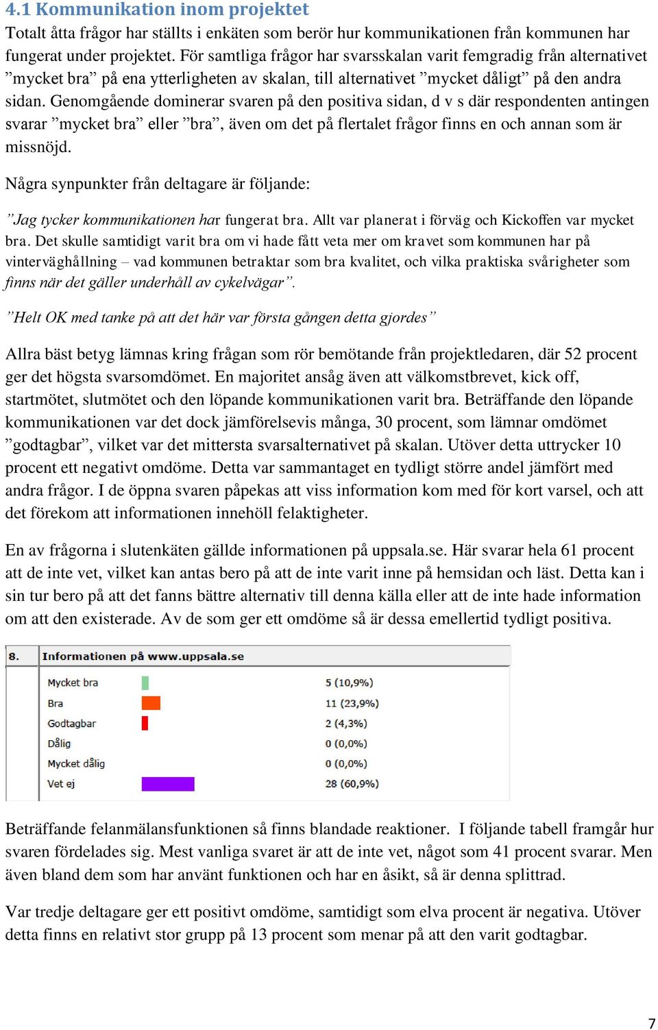 Genomgående dominerar svaren på den positiva sidan, d v s där respondenten antingen svarar mycket bra eller bra, även om det på flertalet frågor finns en och annan som är missnöjd.