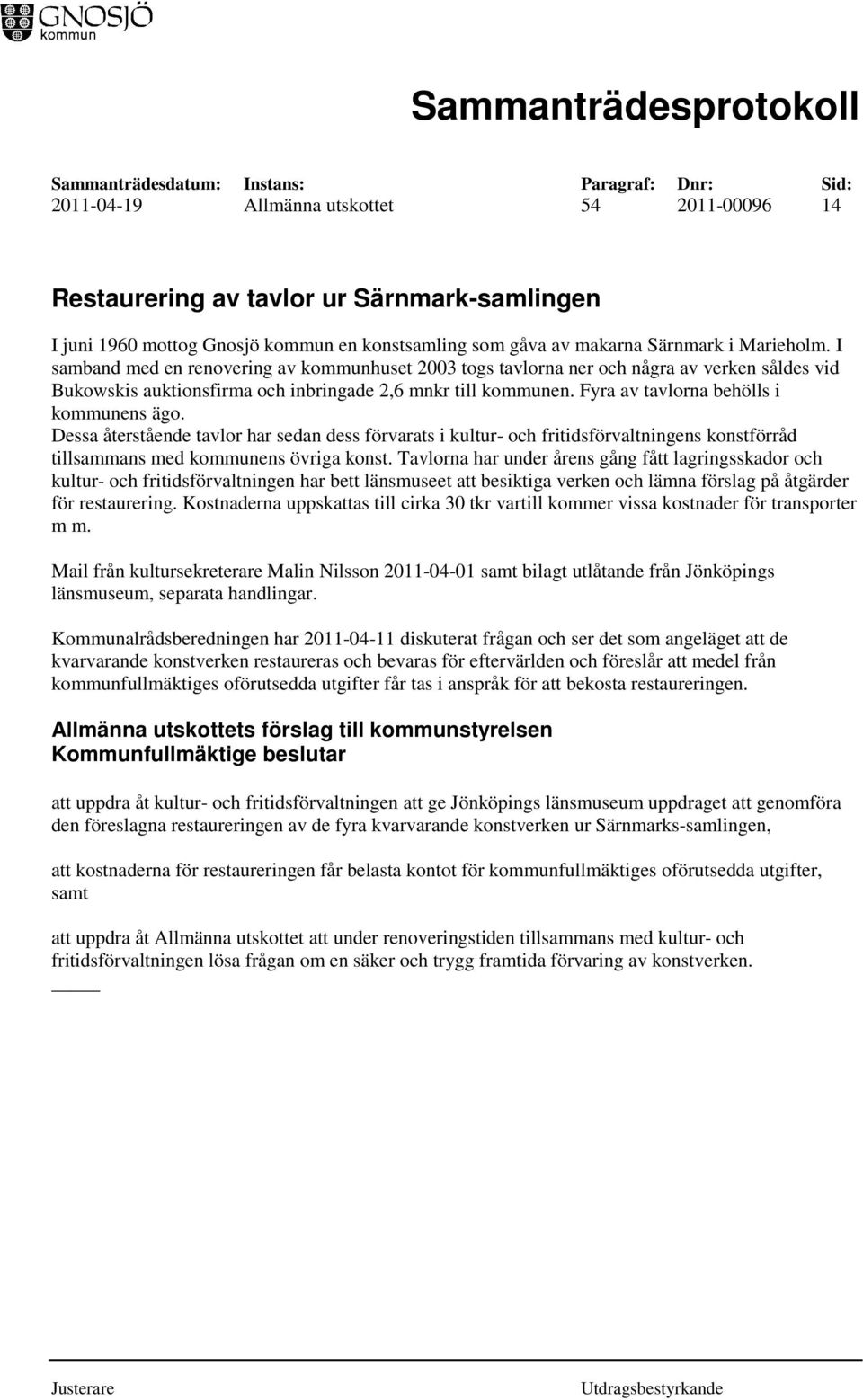 Fyra av tavlorna behölls i kommunens ägo. Dessa återstående tavlor har sedan dess förvarats i kultur- och fritidsförvaltningens konstförråd tillsammans med kommunens övriga konst.