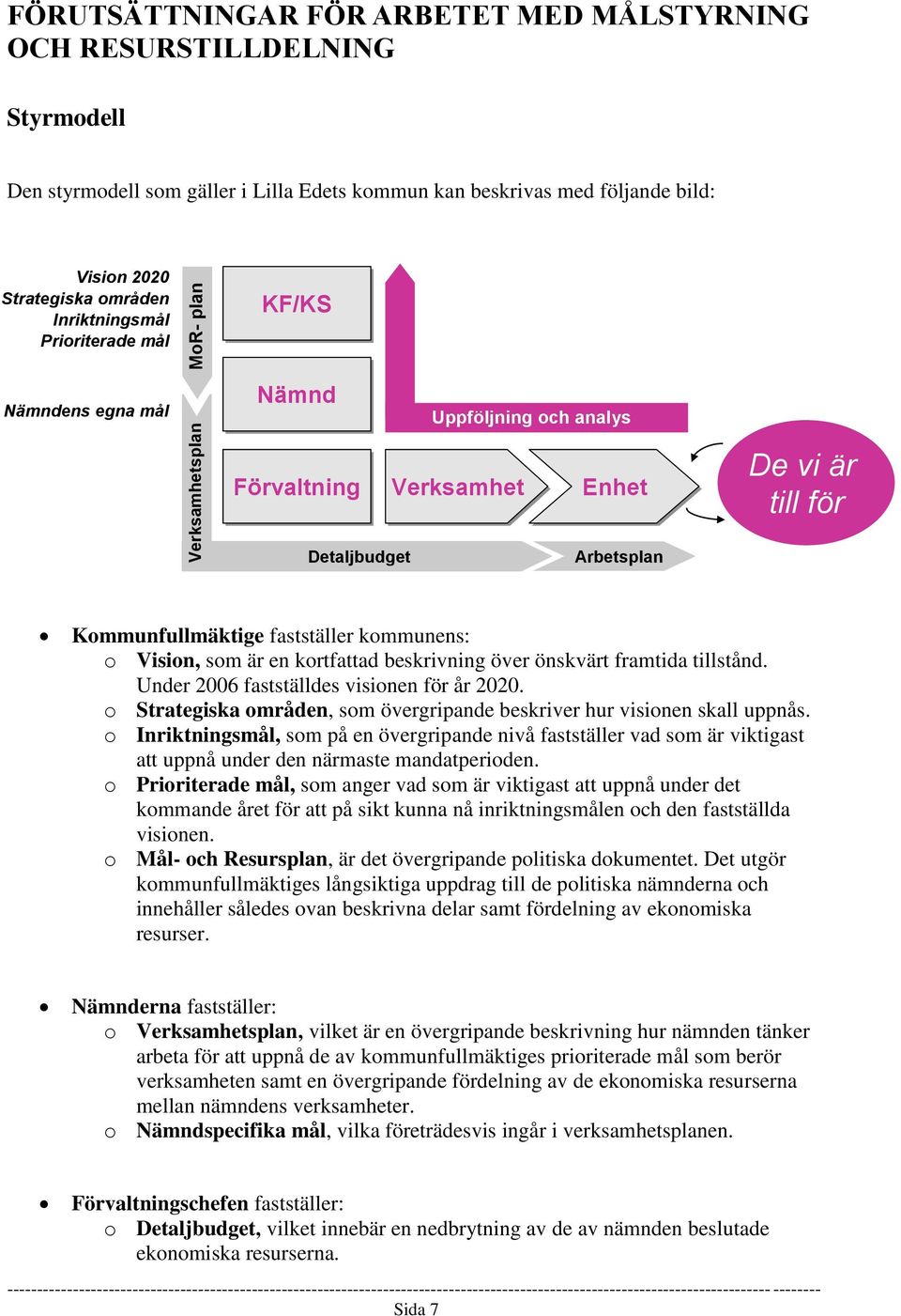 fastställer kommunens: o Vision, som är en kortfattad beskrivning över önskvärt framtida tillstånd. Under 2006 fastställdes visionen för år 2020.