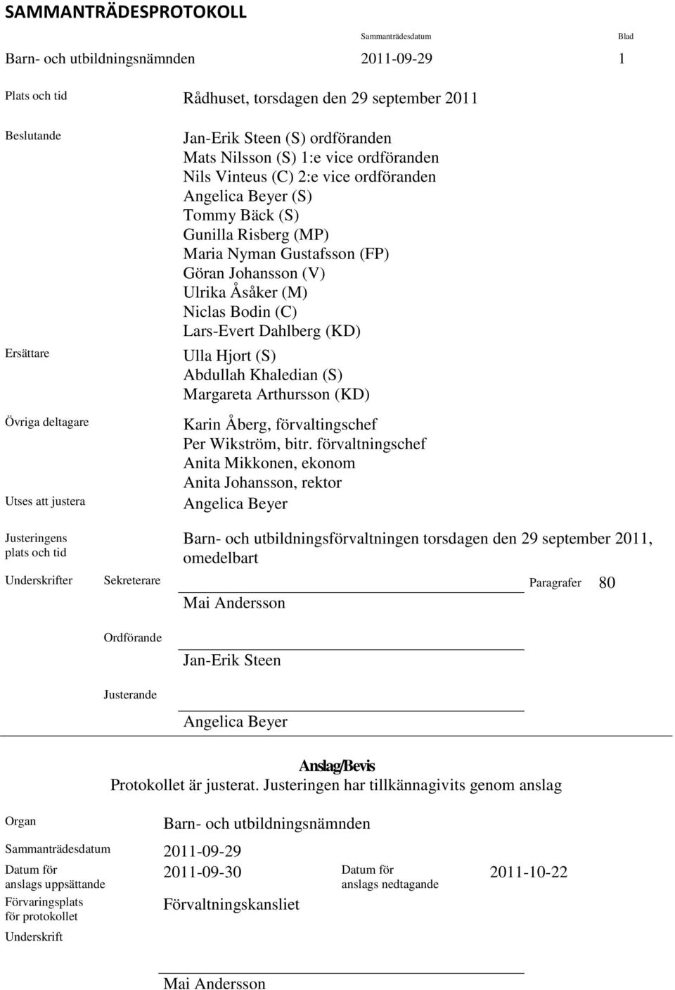 Johansson (V) Ulrika Åsåker (M) Niclas Bodin (C) Lars-Evert Dahlberg (KD) Ulla Hjort (S) Abdullah Khaledian (S) Margareta Arthursson (KD) Karin Åberg, förvaltingschef Per Wikström, bitr.