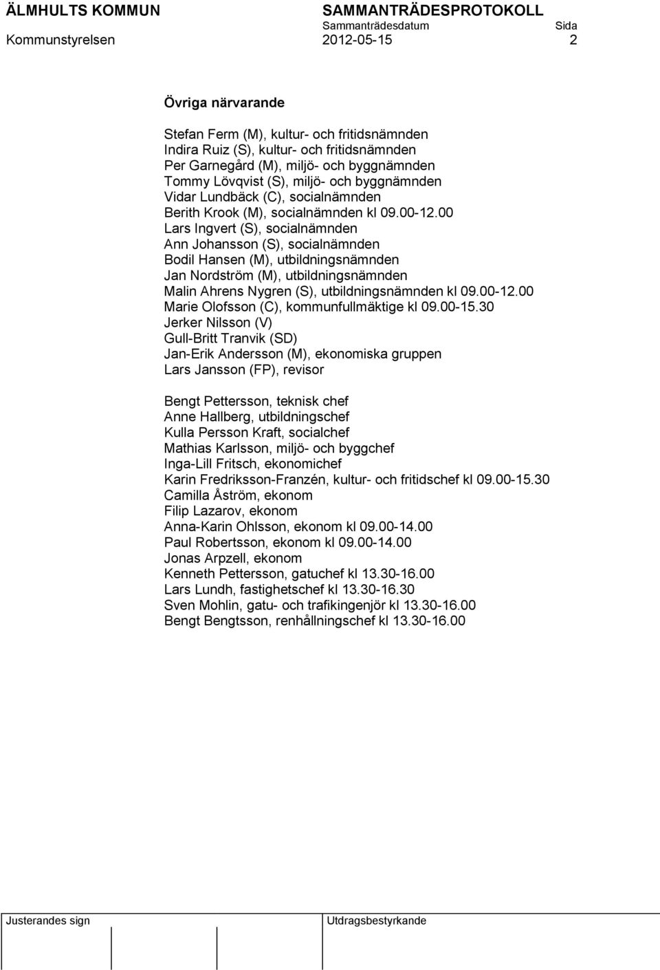 00 Lars Ingvert (S), socialnämnden Ann Johansson (S), socialnämnden Bodil Hansen (M), utbildningsnämnden Jan Nordström (M), utbildningsnämnden Malin Ahrens Nygren (S), utbildningsnämnden kl 09.00-12.