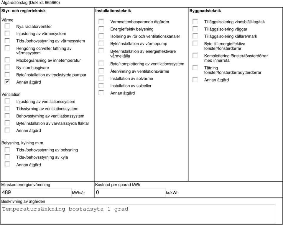 innetemperatur Ny inomhusgivare Byte/installation av tryckstyrda pumpar Injustering av ventilationssystem Tidsstyrning av ventilationssystem Behovsstyrning av ventilationssystem Byte/installation av