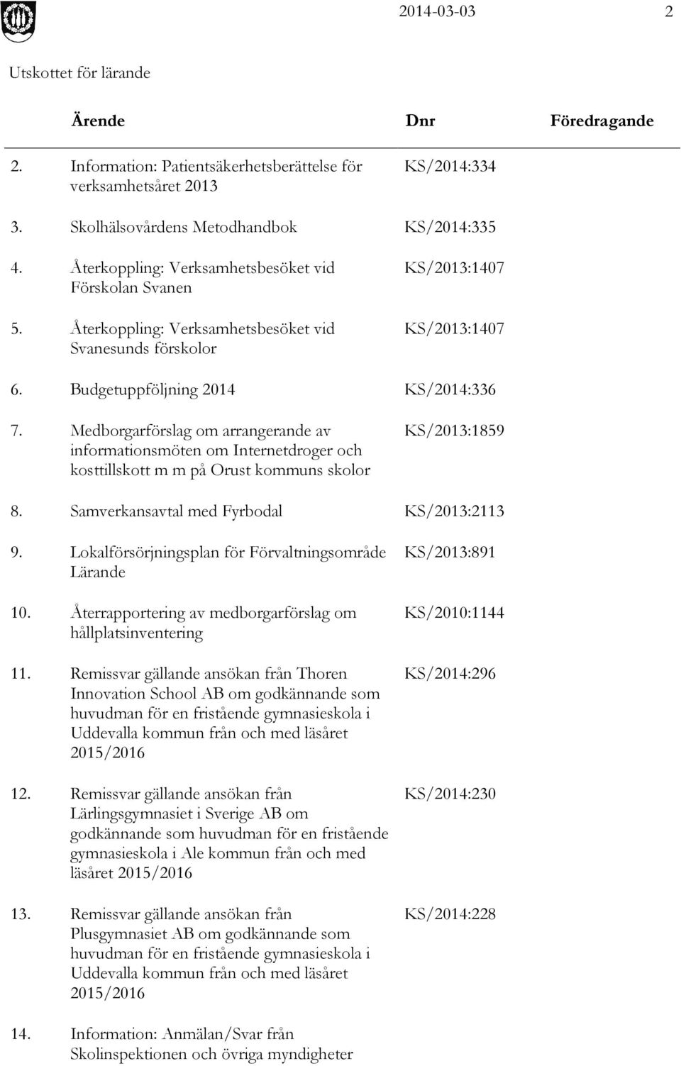 Medborgarförslag om arrangerande av informationsmöten om Internetdroger och kosttillskott m m på Orust kommuns skolor KS/2013:1859 8. Samverkansavtal med Fyrbodal KS/2013:2113 9.