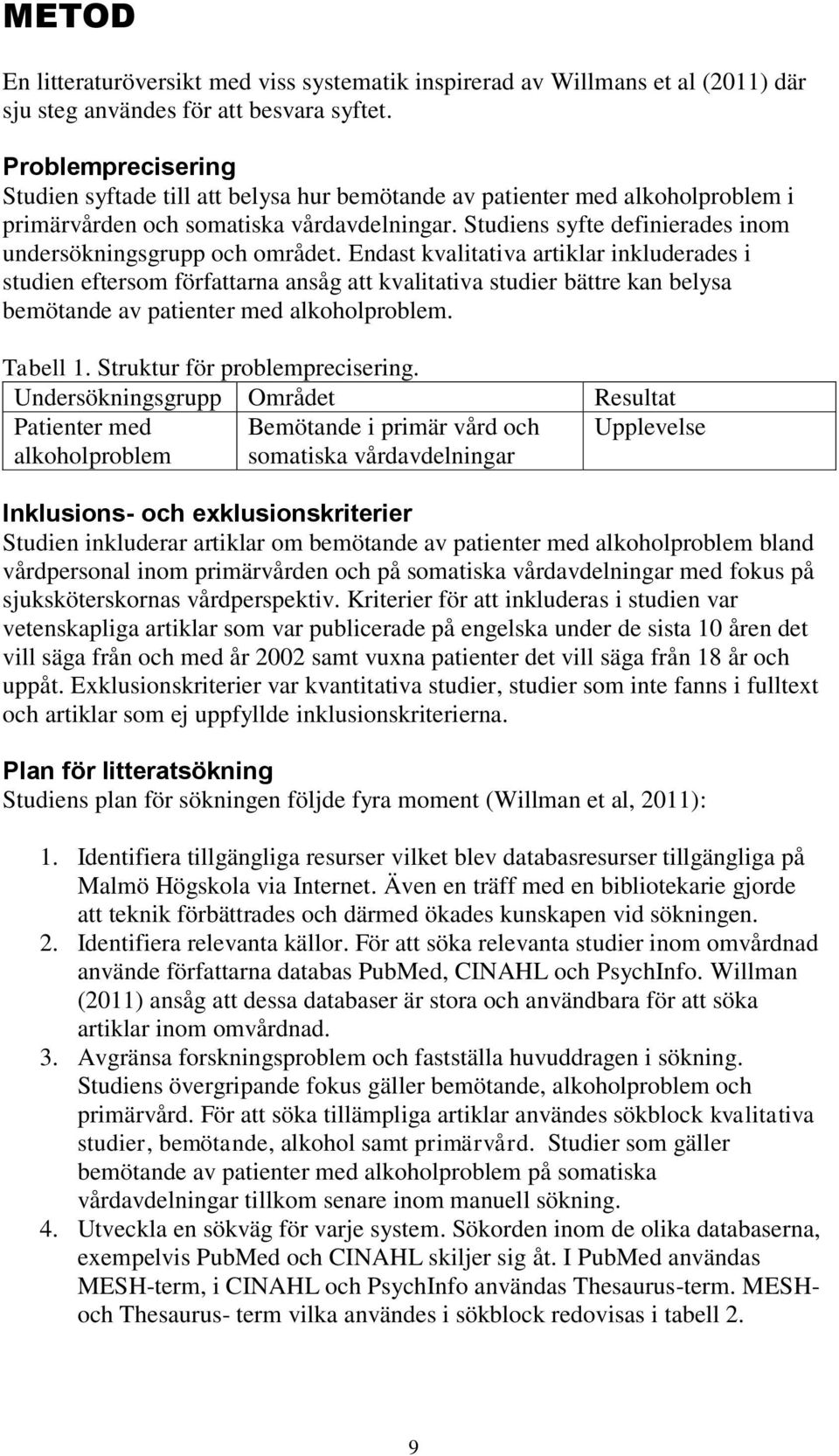 Studiens syfte definierades inom undersökningsgrupp och området.