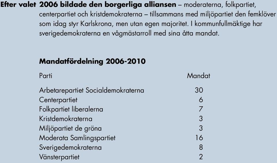 I kommunfullmäktige har sverigedemokraterna en vågmästarroll med sina åtta mandat.