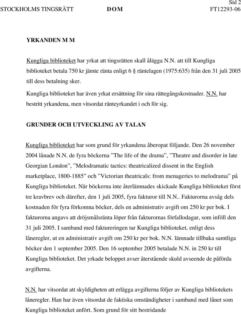 GRUNDER OCH UTVECKLING AV TALAN Kungliga biblioteket har som grund för yrkandena åberopat följande. Den 26 november 2004 lånade N.N. de fyra böckerna The life of the drama, Theatre and disorder in