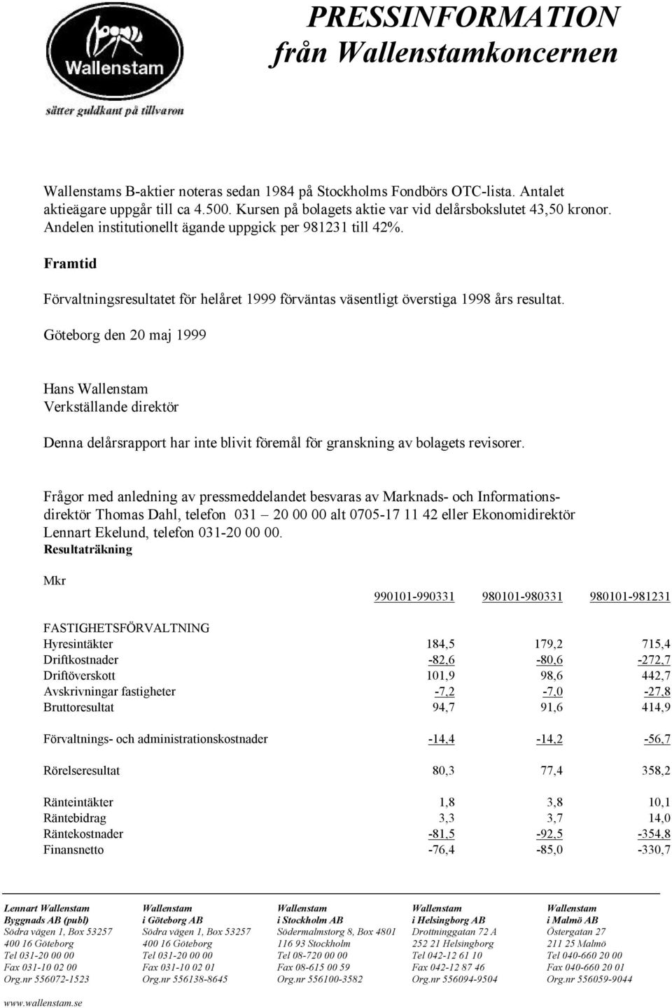Göteborg den 20 maj 1999 Hans Wallenstam Verkställande direktör Denna delårsrapport har inte blivit föremål för granskning av bolagets revisorer.