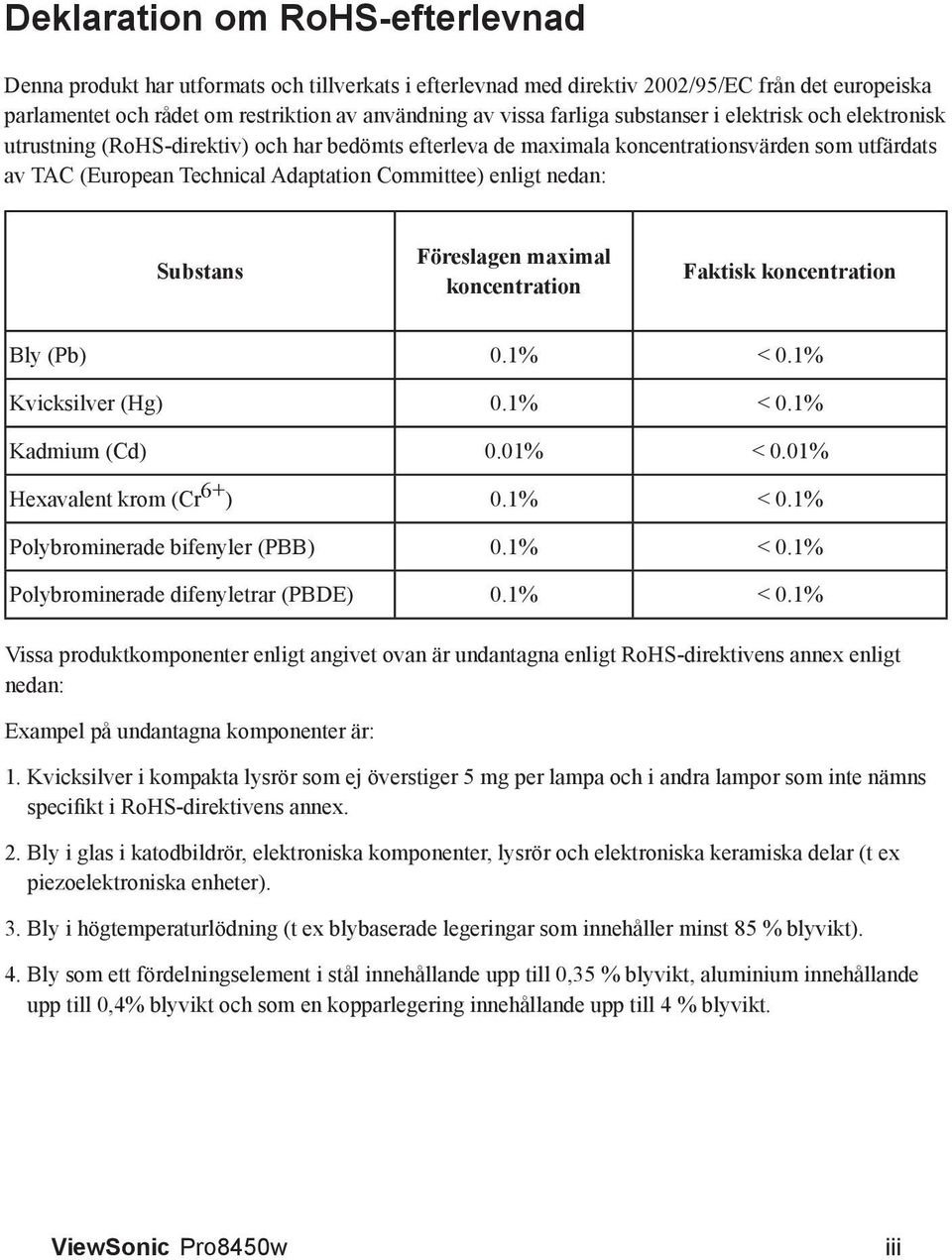 enligt nedan: Substans Föreslagen maximal koncentration Faktisk koncentration Bly (Pb) 0.1% < 0.1% Kvicksilver (Hg) 0.1% < 0.1% Kadmium (Cd) 0.01% < 0.01% Hexavalent krom (Cr 6+ ) 0.1% < 0.1% Polybrominerade bifenyler (PBB) 0.