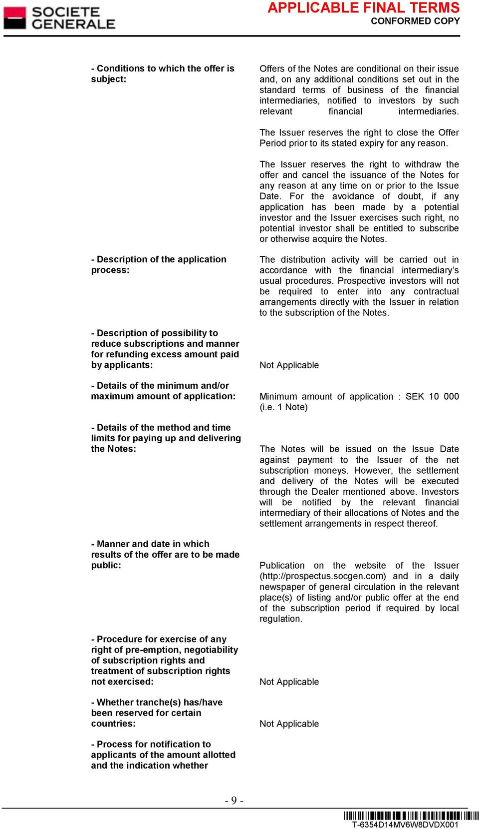 The Issuer reserves the right to withdraw the offer and cancel the issuance of the Notes for any reason at any time on or prior to the Issue Date.