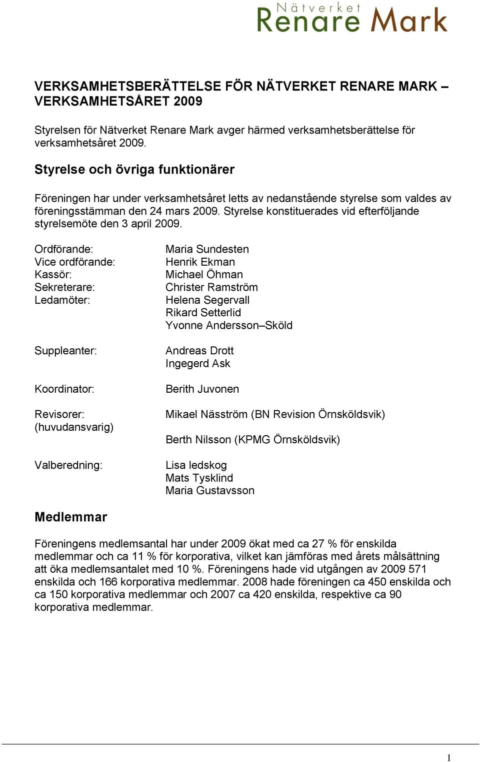 Styrelse konstituerades vid efterföljande styrelsemöte den 3 april 2009.