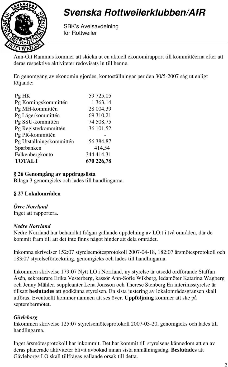 SSU-kommittén 74 508,75 Pg Registerkommittén 36 101,52 Pg PR-kommittén - Pg Utställningskommittén 56 384,87 Sparbanken 414,54 Falkenbergkonto 344 414,31 TOTALT 670 226,78 26 Genomgång av