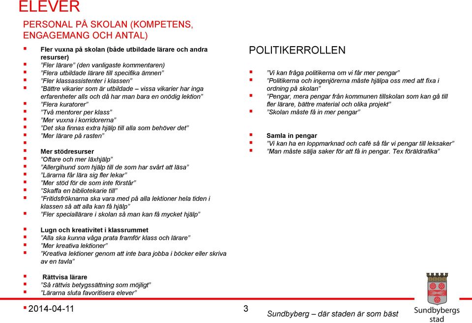 i korridorerna Det ska finnas extra hjälp till alla som behöver det Mer lärare på rasten Mer stödresurser Oftare och mer läxhjälp Allergihund som hjälp till de som har svårt att läsa Lärarna får lära