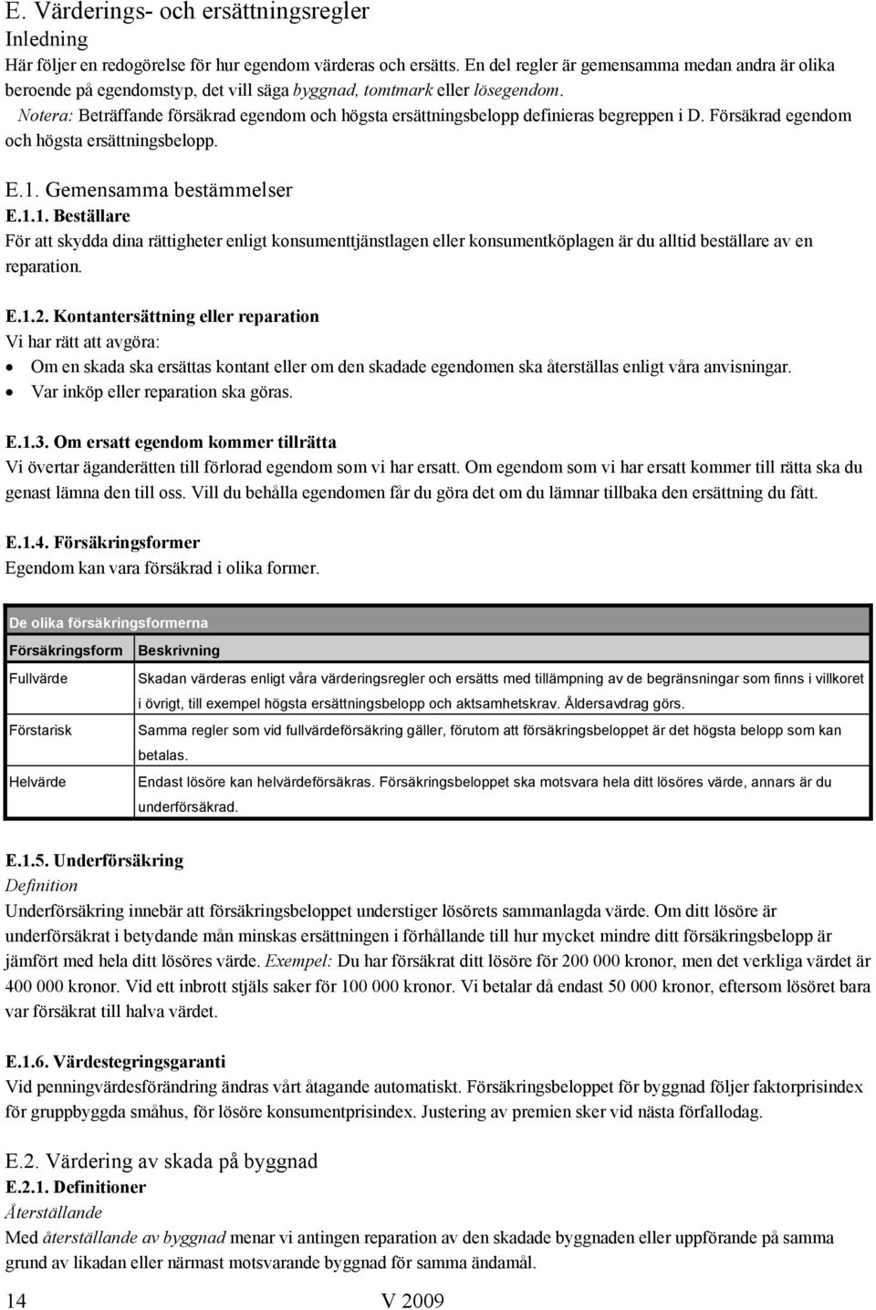 Notera: Beträffande försäkrad egendom och högsta ersättningsbelopp definieras begreppen i D. Försäkrad egendom och högsta ersättningsbelopp. E.1.