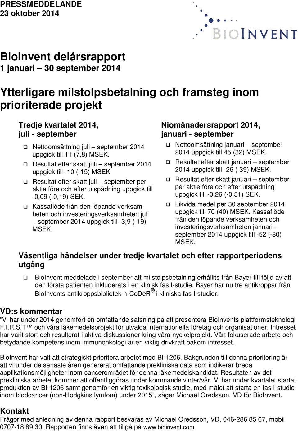 Resultat efter skatt juli september per aktie före och efter utspädning uppgick till -0,09 (-0,19) SEK.