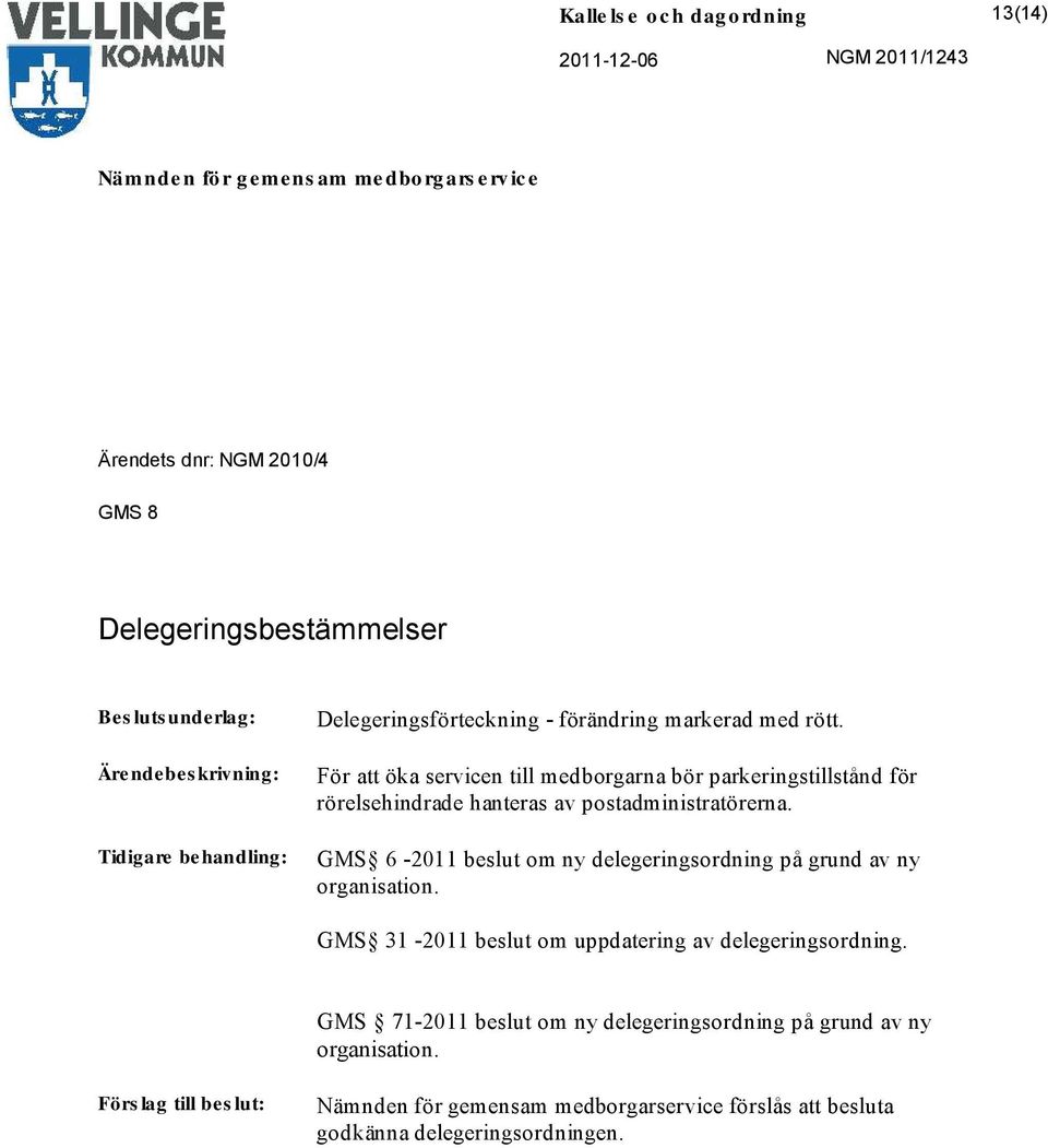 GMS 6-2011 beslut om ny delegeringsordning på grund av ny organisation. GMS 31-2011 beslut om uppdatering av delegeringsordning.