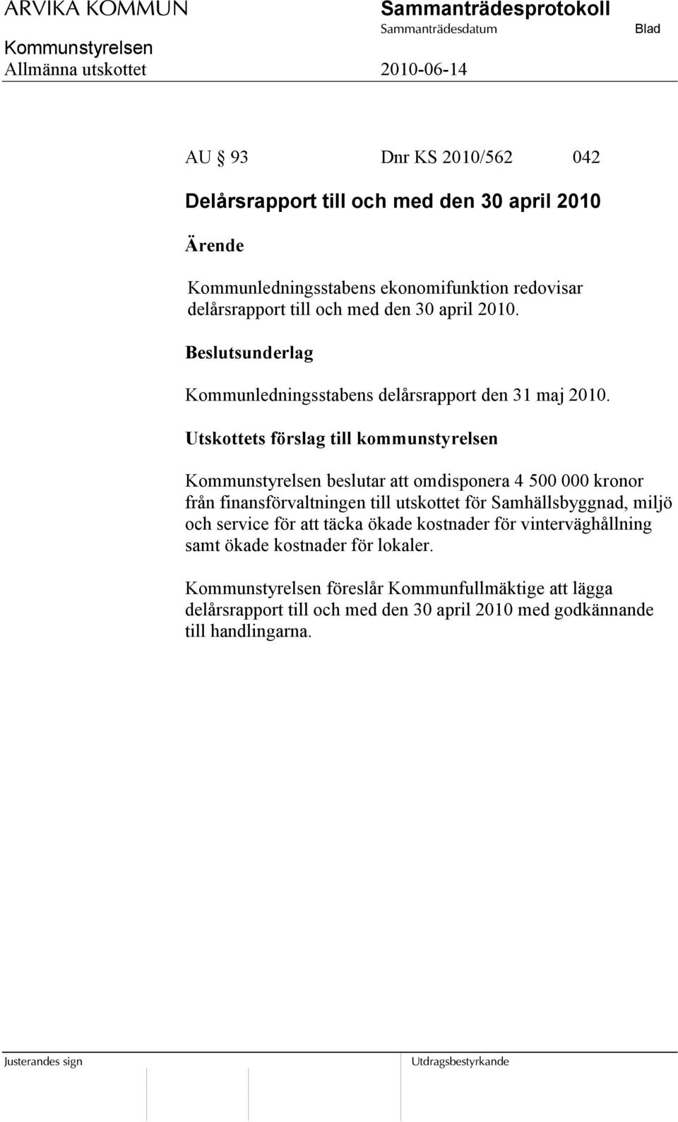 Utskottets förslag till kommunstyrelsen beslutar att omdisponera 4 500 000 kronor från finansförvaltningen till utskottet för Samhällsbyggnad,