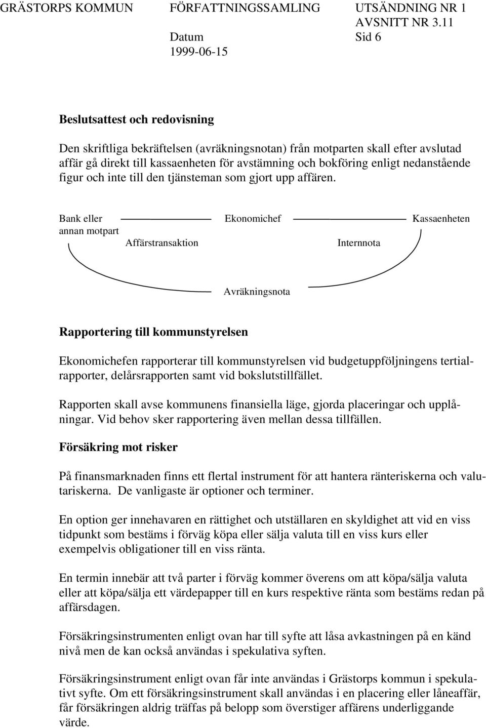 Bank eller Ekonomichef Kassaenheten annan motpart Affärstransaktion Internnota Avräkningsnota Rapportering till kommunstyrelsen Ekonomichefen rapporterar till kommunstyrelsen vid budgetuppföljningens