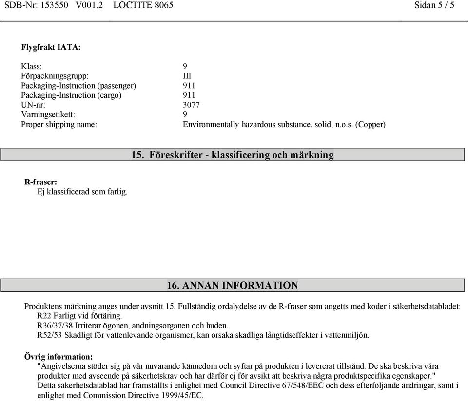 Environmentally hazardous substance, solid, n.o.s. (Copper) 15. Föreskrifter - klassificering och märkning R-fraser: Ej klassificerad som farlig. 16.