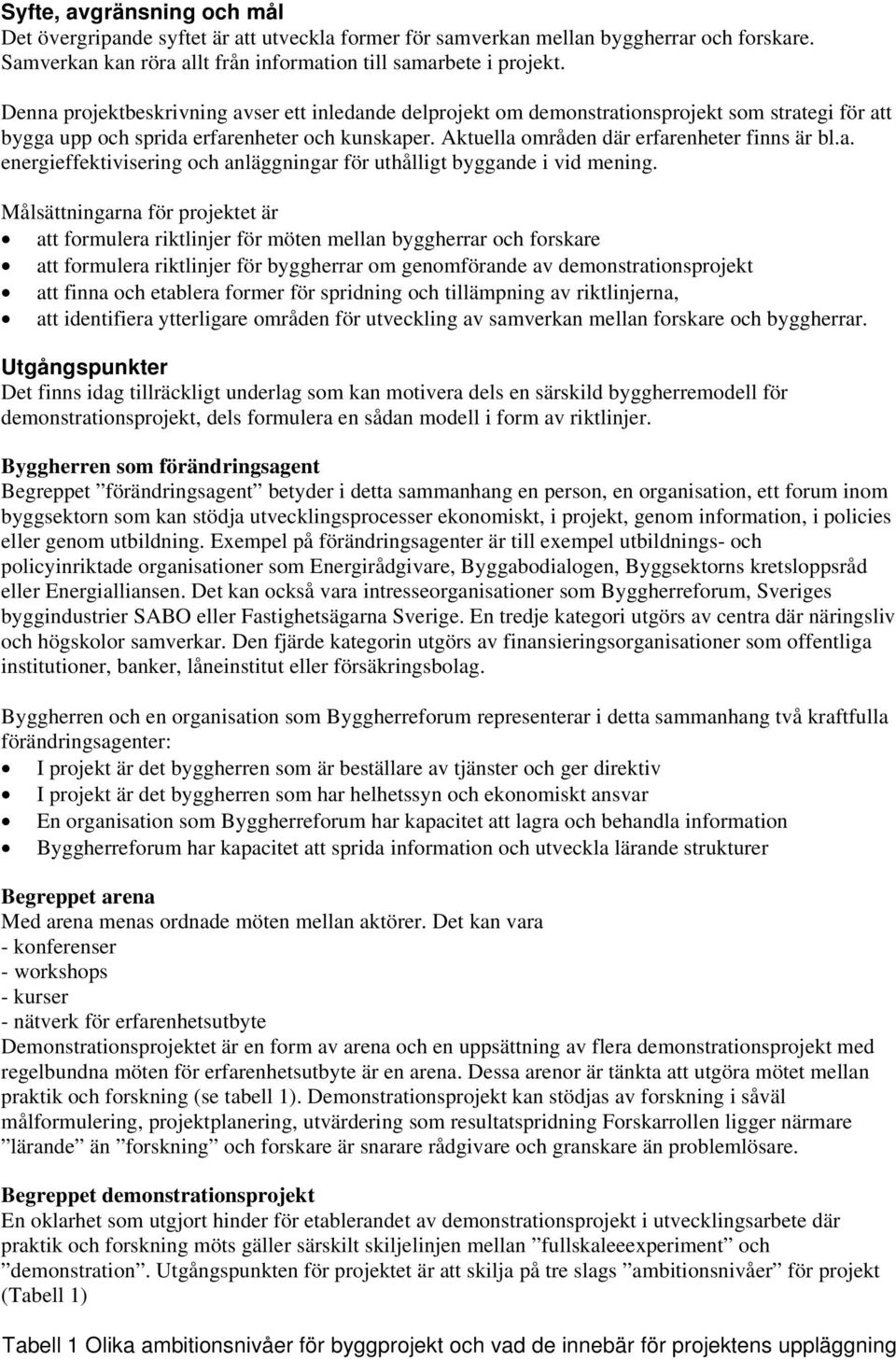 Målsättningarna för projektet är att formulera riktlinjer för möten mellan byggherrar och forskare att formulera riktlinjer för byggherrar om genomförande av demonstrationsprojekt att finna och