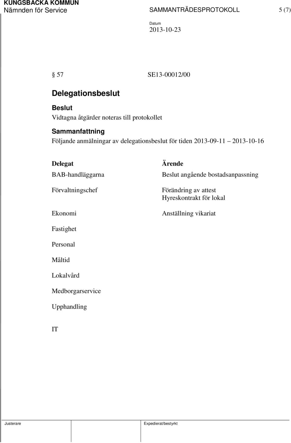 2013-10-16 Delegat BAB-handläggarna Förvaltningschef Ekonomi Ärende Beslut angående bostadsanpassning