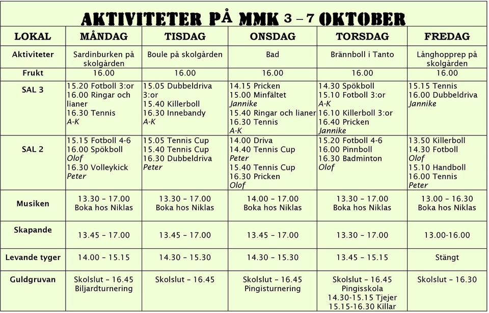 40 Killerboll 16.30 Innebandy 15.05 Tennis Cup 15.40 Tennis Cup 16.30 Dubbeldriva 13.30 17.00 14.15 Pricken 14.30 Spökboll 15.00 Minfältet 15.10 Fotboll 3:or Jannike 15.40 Ringar och lianer 16.