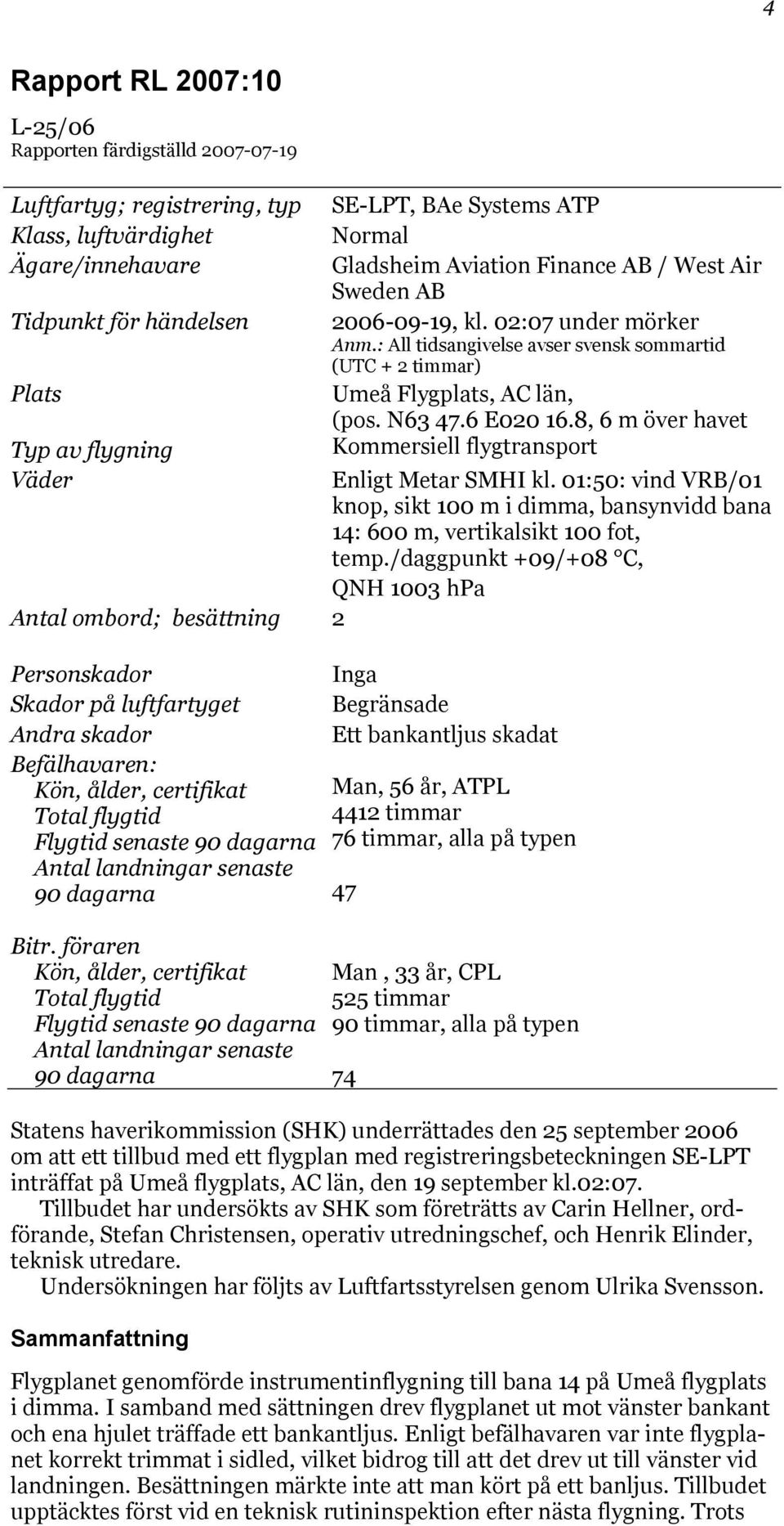 : All tidsangivelse avser svensk sommartid (UTC + 2 timmar) Umeå Flygplats, AC län, (pos. N63 47.6 E020 16.8, 6 m över havet Kommersiell flygtransport Enligt Metar SMHI kl.