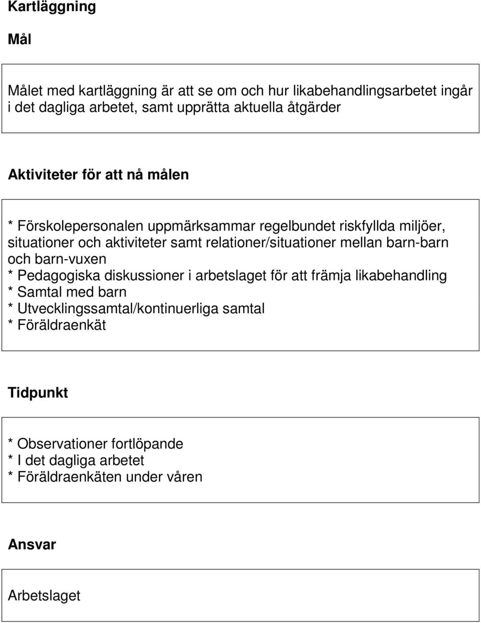 relationer/situationer mellan barn-barn och barn-vuxen * Pedagogiska diskussioner i arbetslaget för att främja likabehandling * Samtal med barn *