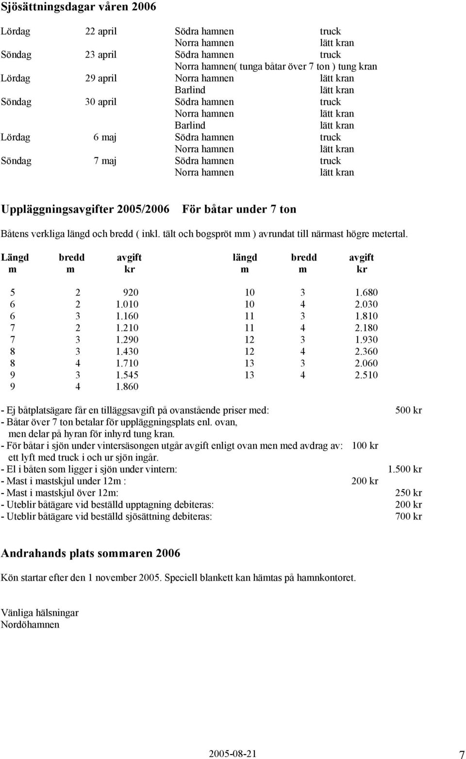 Båtens verkliga längd och bredd ( inkl. tält och bogspröt mm ) avrundat till närmast högre metertal. Längd bredd avgift längd bredd avgift m m kr m m kr 5 2 920 10 3 1.680 6 2 1.010 10 4 2.030 6 3 1.