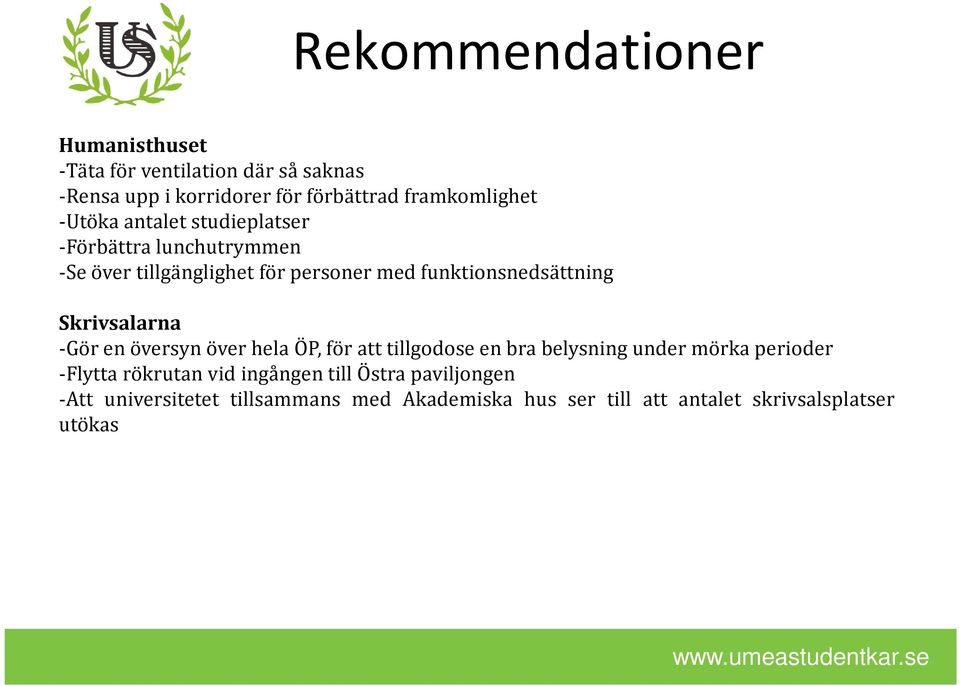 Skrivsalarna -Gör en översyn över hela ÖP, för att tillgodose en bra belysning under mörka perioder -Flytta rökrutan vid